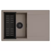 HD Onyx Tortora 78 egymedencés mosogatótálca szett, matt fekete csepegtetőkosárral, csepegtetőtálcával, tortora színben, matt fekete leeresztő szifonnal