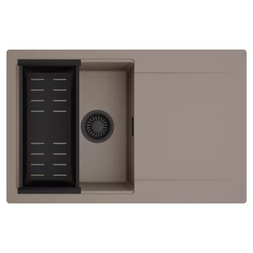 HD Onyx Tortora 78 egymedencés mosogatótálca szett, matt fekete csepegtetőkosárral, csepegtetőtálcával, tortora színben, matt fekete leeresztő szifonnal