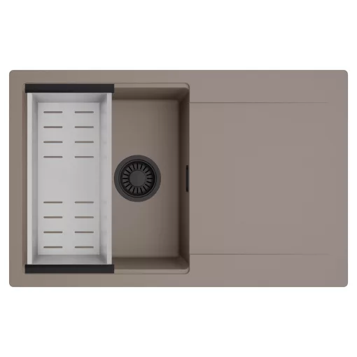 HD Onyx Tortora 78 egymedencés mosogatótálca szett, acél csepegtetőkosárral, csepegtetőtálcával, tortora színben, matt fekete leeresztő szifonnal