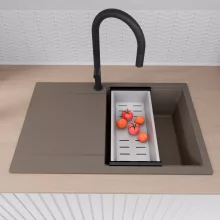 HD Onyx Tortora 78 egymedencés mosogatótálca szett, acél csepegtetőkosárral, csepegtetőtálcával, tortora színben, matt fekete leeresztő szifonnal