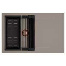 HD Onyx Tortora 78 egymedencés mosogatótálca szett, matt fekete csepegtetőráccsal és kosárral, csepegtetőtálcával, tortora színben, szálcsiszolt réz leeresztő szifonnal