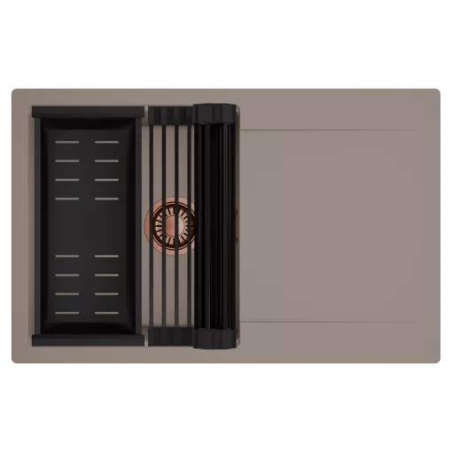 HD Onyx Tortora 78 egymedencés mosogatótálca szett, matt fekete csepegtetőráccsal és kosárral, csepegtetőtálcával, tortora színben, szálcsiszolt réz leeresztő szifonnal