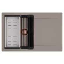 HD Onyx Tortora 78 egymedencés mosogatótálca szett, matt fekete csepegtetőráccsal és krómozott kosárral, csepegtetőtálcával, tortora színben, szálcsiszolt réz leeresztő szifonnal