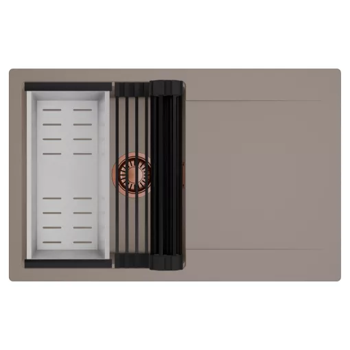 HD Onyx Tortora 78 egymedencés mosogatótálca szett, matt fekete csepegtetőráccsal és krómozott kosárral, csepegtetőtálcával, tortora színben, szálcsiszolt réz leeresztő szifonnal