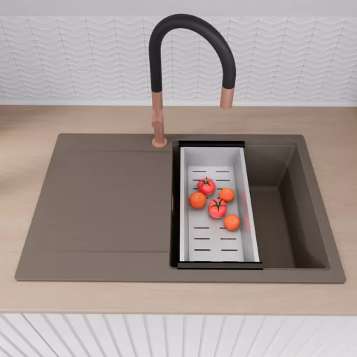 HD Onyx Tortora 78 egymedencés mosogatótálca szett, matt fekete csepegtetőráccsal és krómozott kosárral, csepegtetőtálcával, tortora színben, szálcsiszolt réz leeresztő szifonnal