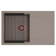 HD Onyx Tortora 78 egymedencés mosogatótálca szett, matt fekete csepegtetőráccsal, csepegtetőtálcával, tortora színben, szálcsiszolt réz leeresztő szifonnal