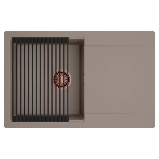 HD Onyx Tortora 78 egymedencés mosogatótálca szett, matt fekete csepegtetőráccsal, csepegtetőtálcával, tortora színben, szálcsiszolt réz leeresztő szifonnal