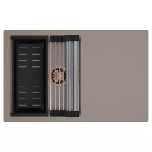 HD Onyx Tortora 78 egymedencés mosogatótálca szett, acél csepegtetőráccsal és matt fekete kosárral, csepegtetőtálcával, tortora színben, szálcsiszolt réz leeresztő szifonnal