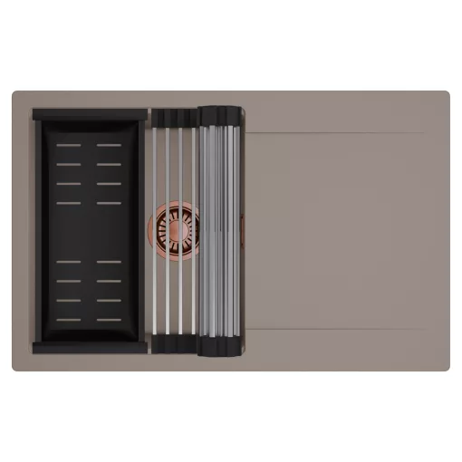 HD Onyx Tortora 78 egymedencés mosogatótálca szett, acél csepegtetőráccsal és matt fekete kosárral, csepegtetőtálcával, tortora színben, szálcsiszolt réz leeresztő szifonnal