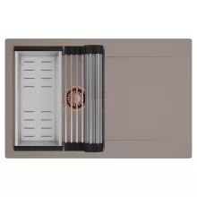 HD Onyx Tortora 78 egymedencés mosogatótálca szett, acél csepegtetőráccsal és kosárral, csepegtetőtálcával, tortora színben, szálcsiszolt réz leeresztő szifonnal