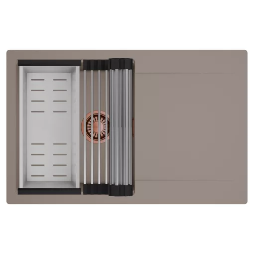 HD Onyx Tortora 78 egymedencés mosogatótálca szett, acél csepegtetőráccsal és kosárral, csepegtetőtálcával, tortora színben, szálcsiszolt réz leeresztő szifonnal