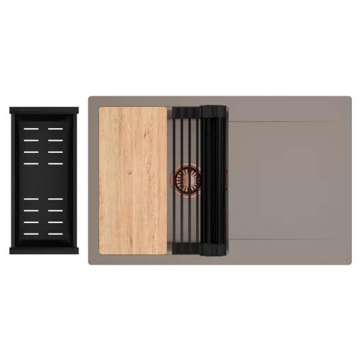 HD Onyx Tortora 78 egymedencés gránit mosogatótálca szett, csepegtetőtálcával, vágódeszkával, matt fekete csepegtetőráccsal és kosárral, tortora színben, szálcsiszolt réz leeresztő szifonnal