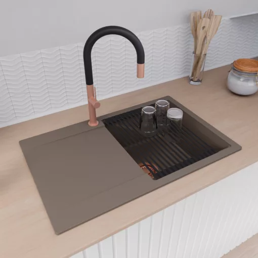 HD Onyx Tortora 78 egymedencés gránit mosogatótálca szett, csepegtetőtálcával, vágódeszkával, matt fekete csepegtetőráccsal és kosárral, tortora színben, szálcsiszolt réz leeresztő szifonnal