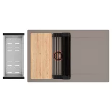 HD Onyx Tortora 78 egymedencés gránit mosogatótálca szett, csepegtetőtálcával, vágódeszkával, matt fekete csepegtetőráccsal és krómozott kosárral, tortora színben, szálcsiszolt réz leeresztő szifonnal