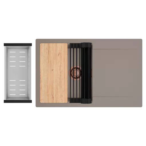 HD Onyx Tortora 78 egymedencés gránit mosogatótálca szett, csepegtetőtálcával, vágódeszkával, matt fekete csepegtetőráccsal és krómozott kosárral, tortora színben, szálcsiszolt réz leeresztő szifonnal