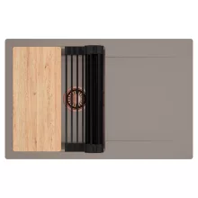 HD Onyx Tortora 78 egymedencés gránit mosogatótálca szett, csepegtetőtálcával, vágódeszkával, matt fekete csepegtetőráccsal, tortora színben, szálcsiszolt réz leeresztő szifonnal