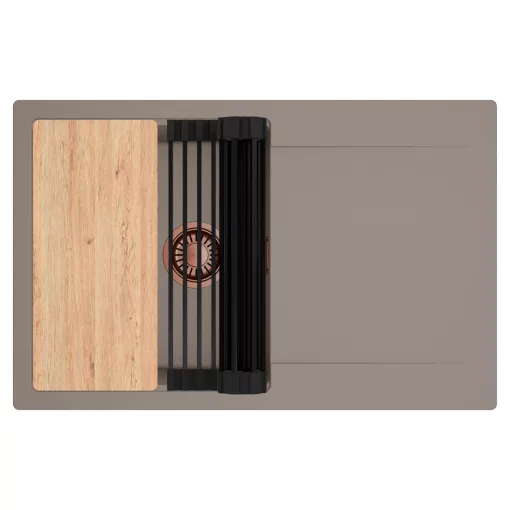 HD Onyx Tortora 78 egymedencés gránit mosogatótálca szett, csepegtetőtálcával, vágódeszkával, matt fekete csepegtetőráccsal, tortora színben, szálcsiszolt réz leeresztő szifonnal