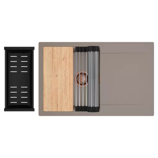 HD Onyx Tortora 78 egymedencés gránit mosogatótálca szett, csepegtetőtálcával, vágódeszkával, acél csepegtetőráccsal és matt fekete kosárral, tortora színben, szálcsiszolt réz leeresztő szifonnal