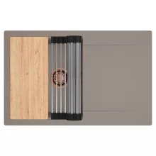 HD Onyx Tortora 78 egymedencés gránit mosogatótálca szett, csepegtetőtálcával, vágódeszkával, acél csepegtetőráccsal, tortora színben, szálcsiszolt réz leeresztő szifonnal