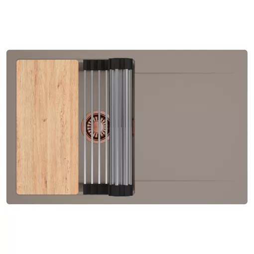 HD Onyx Tortora 78 egymedencés gránit mosogatótálca szett, csepegtetőtálcával, vágódeszkával, acél csepegtetőráccsal, tortora színben, szálcsiszolt réz leeresztő szifonnal