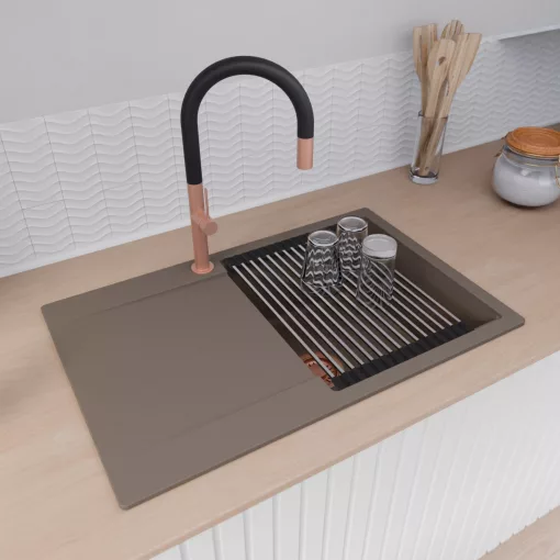 HD Onyx Tortora 78 egymedencés gránit mosogatótálca szett, csepegtetőtálcával, vágódeszkával, acél csepegtetőráccsal, tortora színben, szálcsiszolt réz leeresztő szifonnal