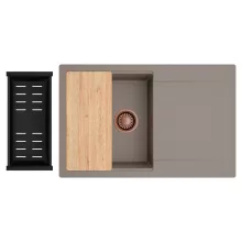 HD Onyx Tortora 78 egymedencés gránit mosogatótálca szett, csepegtetőtálcával, vágódeszkával, matt fekete csepegtetőkosárral, tortora színben, szálcsiszolt réz leeresztő szifonnal