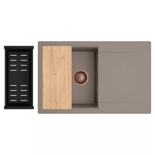 HD Onyx Tortora 78 egymedencés gránit mosogatótálca szett, csepegtetőtálcával, vágódeszkával, matt fekete csepegtetőkosárral, tortora színben, szálcsiszolt réz leeresztő szifonnal