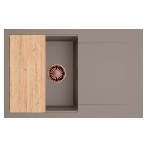 HD Onyx Tortora 78 egymedencés gránit mosogatótálca, vágódeszkával, tortora színben, szálcsiszolt réz leeresztő szifonnal