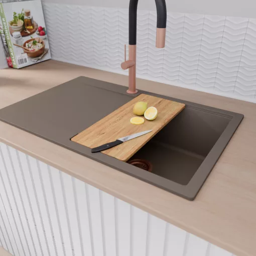 HD Onyx Tortora 78 egymedencés gránit mosogatótálca, vágódeszkával, tortora színben, szálcsiszolt réz leeresztő szifonnal