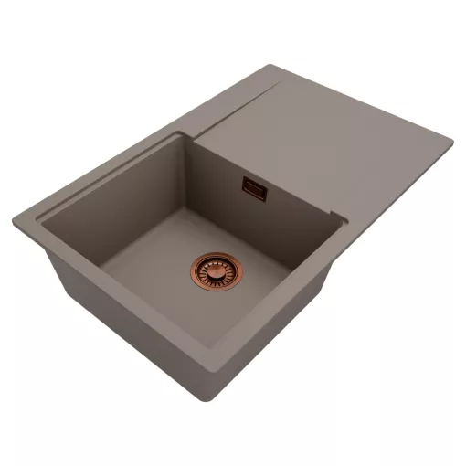 HD Onyx Tortora 78 egymedencés gránit mosogatótálca, vágódeszkával, tortora színben, szálcsiszolt réz leeresztő szifonnal