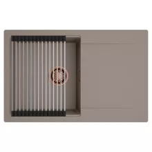 HD Onyx Tortora 78 egymedencés mosogatótálca szett, acél csepegtetőráccsal, csepegtetőtálcával, tortora színben, szálcsiszolt réz leeresztő szifonnal