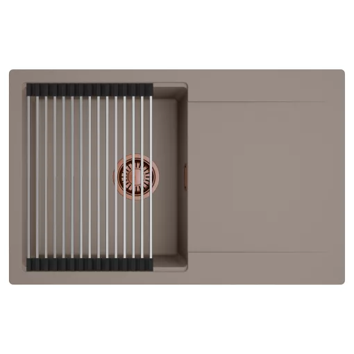 HD Onyx Tortora 78 egymedencés mosogatótálca szett, acél csepegtetőráccsal, csepegtetőtálcával, tortora színben, szálcsiszolt réz leeresztő szifonnal