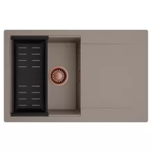 HD Onyx Tortora 78 egymedencés mosogatótálca szett, matt fekete csepegtetőkosárral, csepegtetőtálcával, tortora színben, szálcsiszolt réz leeresztő szifonnal