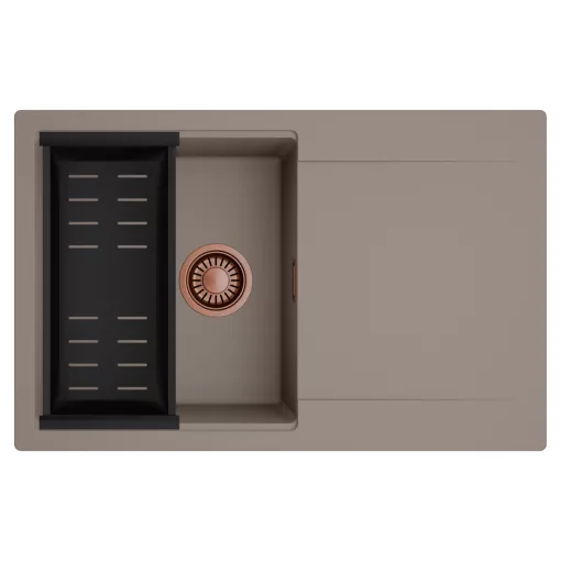 HD Onyx Tortora 78 egymedencés mosogatótálca szett, matt fekete csepegtetőkosárral, csepegtetőtálcával, tortora színben, szálcsiszolt réz leeresztő szifonnal