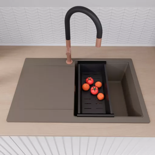 HD Onyx Tortora 78 egymedencés mosogatótálca szett, matt fekete csepegtetőkosárral, csepegtetőtálcával, tortora színben, szálcsiszolt réz leeresztő szifonnal