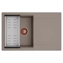 HD Onyx Tortora 78 egymedencés mosogatótálca szett, acél csepegtetőkosárral, csepegtetőtálcával, tortora színben, szálcsiszolt réz leeresztő szifonnal