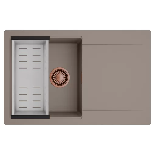 HD Onyx Tortora 78 egymedencés mosogatótálca szett, acél csepegtetőkosárral, csepegtetőtálcával, tortora színben, szálcsiszolt réz leeresztő szifonnal