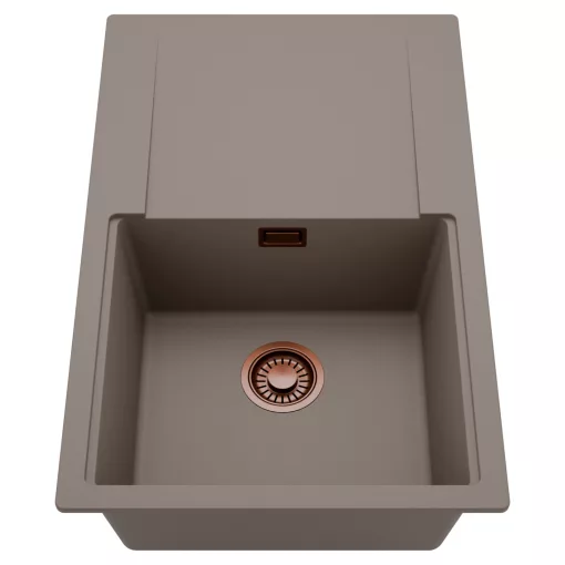 HD Onyx Tortora 78 egymedencés mosogatótálca, csepegtetőtálcával, tortora színben, szálcsiszolt réz leeresztő szifonnal