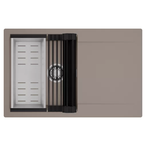 HD Onyx Tortora 78 egymedencés mosogatótálca szett, matt fekete csepegtetőráccsal és krómozott kosárral, csepegtetőtálcával, tortora színben