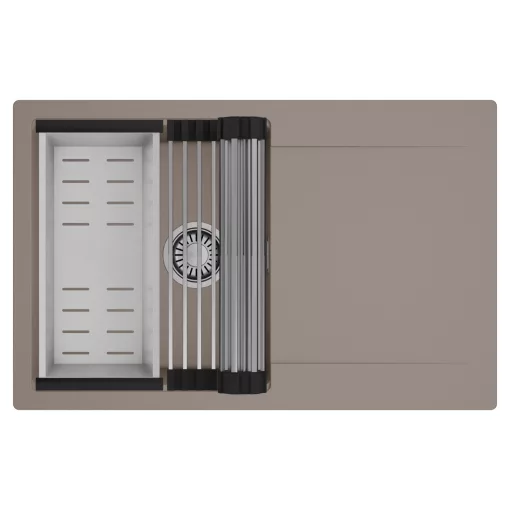 HD Onyx Tortora 78 egymedencés mosogatótálca szett, acél csepegtetőráccsal és kosárral, csepegtetőtálcával, tortora színben