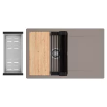 HD Onyx Tortora 78 egymedencés gránit mosogatótálca szett, csepegtetőtálcával, vágódeszkával, matt fekete csepegtetőráccsal és krómozott kosárral, tortora színben