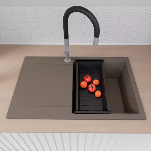 HD Onyx Tortora 78 egymedencés gránit mosogatótálca szett, csepegtetőtálcával, vágódeszkával, acél csepegtetőráccsal és matt fekete kosárral, tortora színben