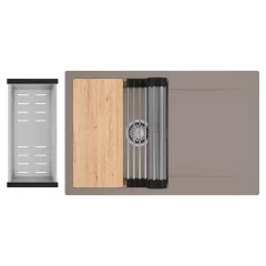   HD Onyx Tortora 78 egymedencés gránit mosogatótálca szett, csepegtetőtálcával, vágódeszkával, acél csepegtetőráccsal és kosárral, tortora színben