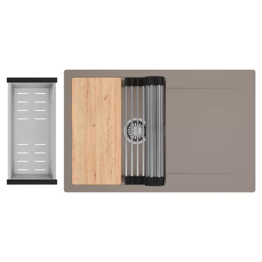 HD Onyx Tortora 78 egymedencés gránit mosogatótálca szett, csepegtetőtálcával, vágódeszkával, acél csepegtetőráccsal és kosárral, tortora színben