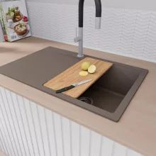 HD Onyx Tortora 78 egymedencés gránit mosogatótálca szett, csepegtetőtálcával, vágódeszkával, acél csepegtetőráccsal, tortora színben