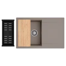 HD Onyx Tortora 78 egymedencés gránit mosogatótálca szett, csepegtetőtálcával, vágódeszkával, matt fekete csepegtetőkosárral, tortora színben