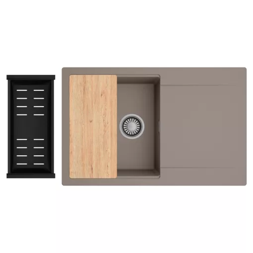 HD Onyx Tortora 78 egymedencés gránit mosogatótálca szett, csepegtetőtálcával, vágódeszkával, matt fekete csepegtetőkosárral, tortora színben