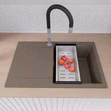 HD Onyx Tortora 78 egymedencés gránit mosogatótálca szett, csepegtetőtálcával, vágódeszkával, acél csepegtetőkosárral, tortora színben