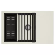 HD Onyx White 78-XL egymedencés mosogatótálca szett, matt fekete csepegtetőráccsal és kosárral, csepegtetőtálcával, tört fehér színben, szálcsiszolt króm leeresztő szifonnal