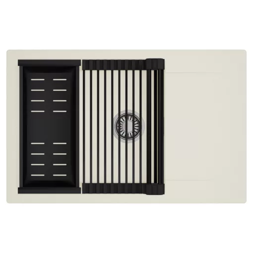 HD Onyx White 78-XL egymedencés mosogatótálca szett, matt fekete csepegtetőráccsal és kosárral, csepegtetőtálcával, tört fehér színben, szálcsiszolt króm leeresztő szifonnal